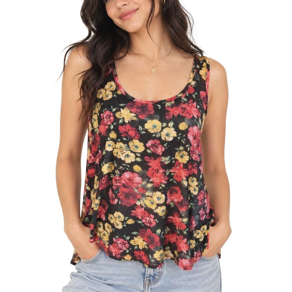 Black Floral Tank Sheer Red Back Rose Print 90s Grunge Top L
